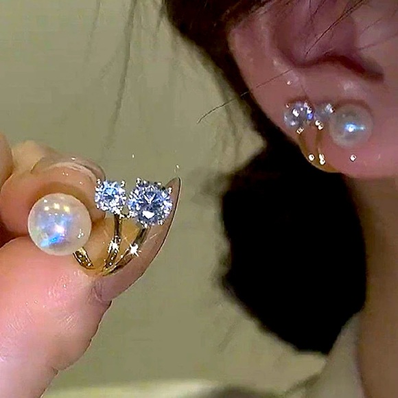 925 Sterling Silver Gold toned Faux Pearl Jacket Style earring - Picture 1 of 5